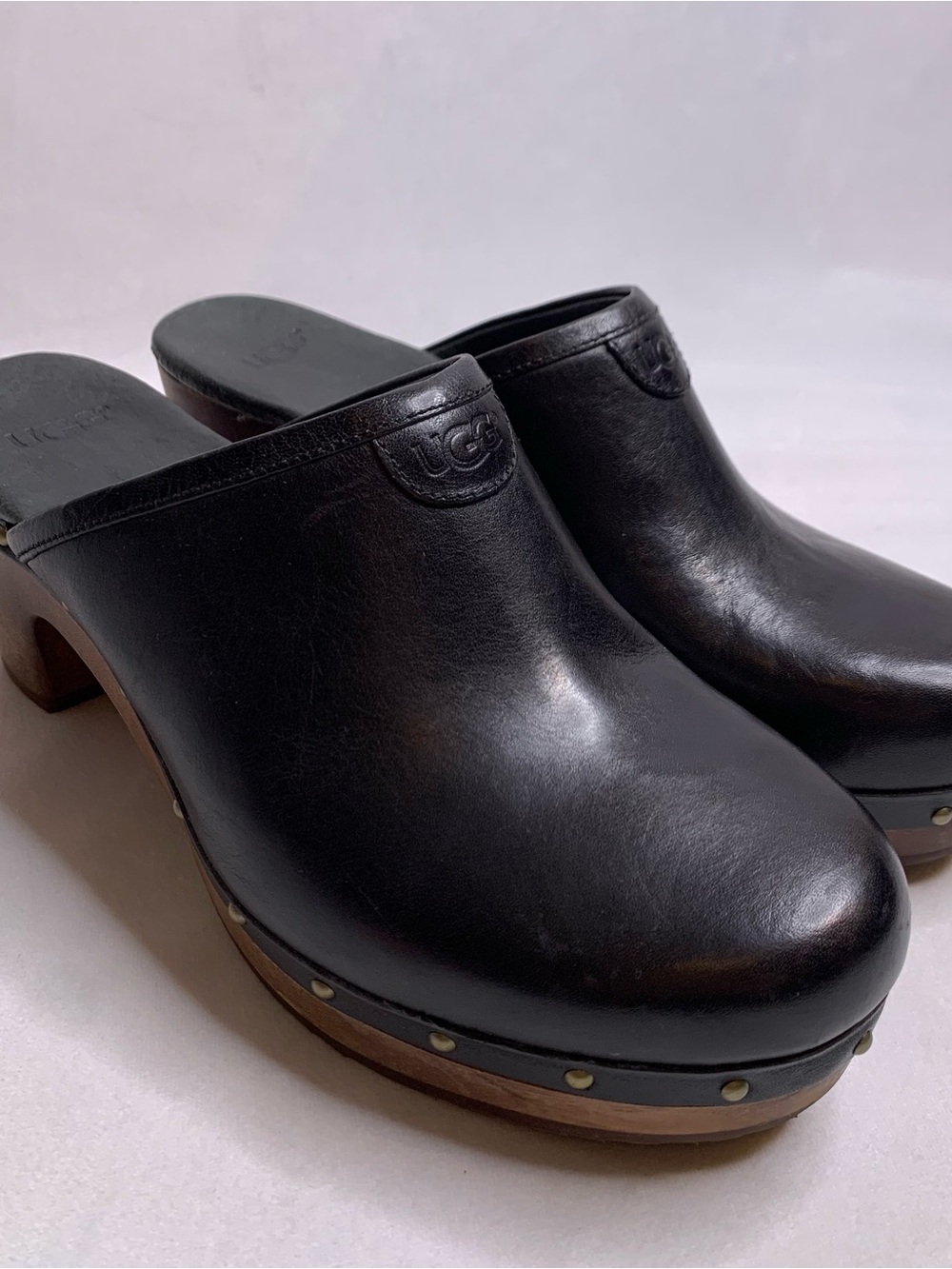 UGG Abbie black leather studded clogs size 9 sheepskin mules